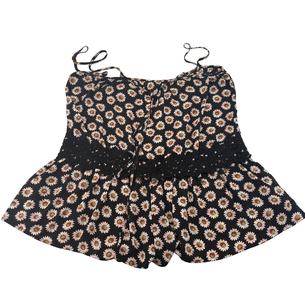 Free People Daisy Floral Romper Black Pink Crochet Lace XS Made in USA